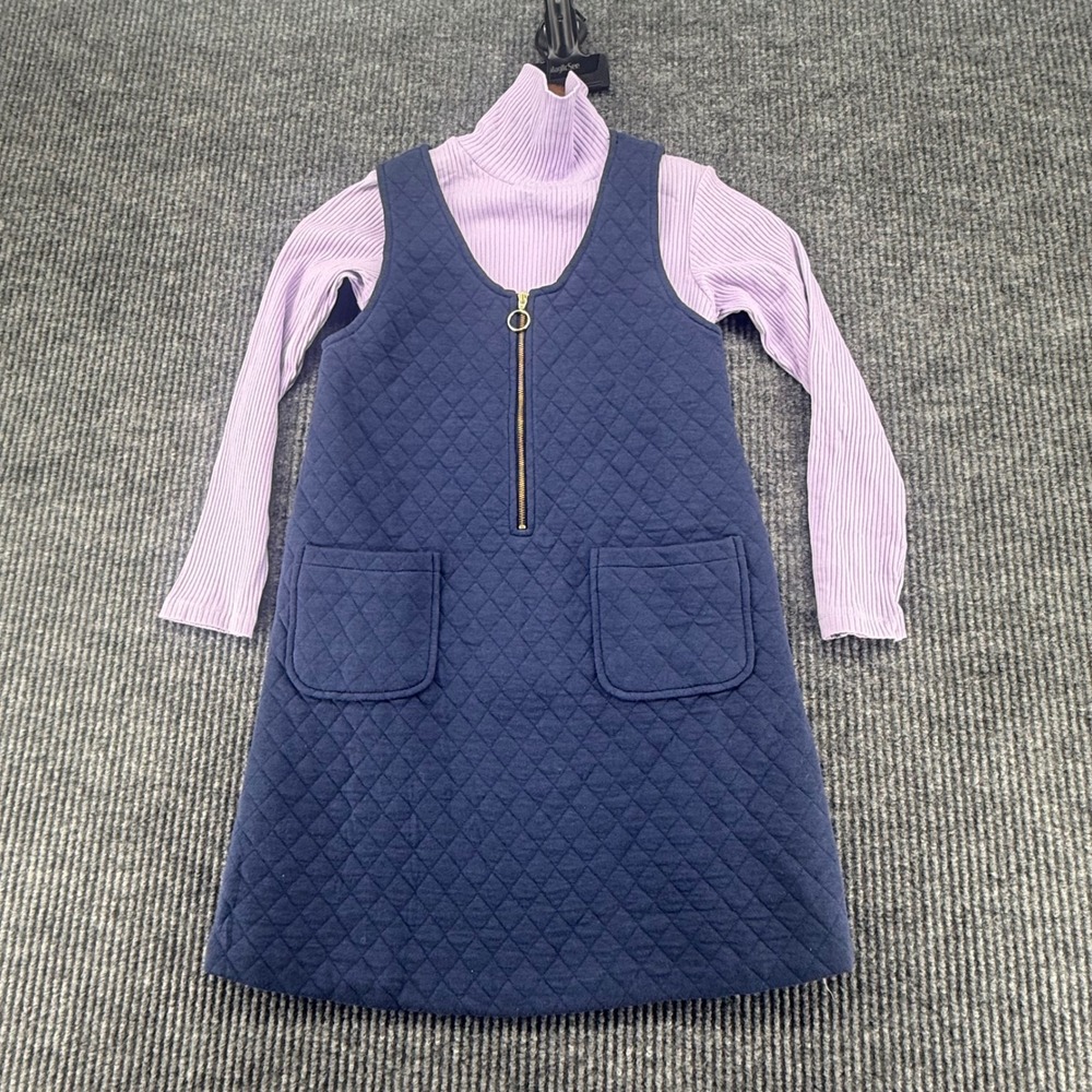 BISBY Jumper Dress Set Girls Size 10 Navy Purple Excellent Quilted Turtleneck